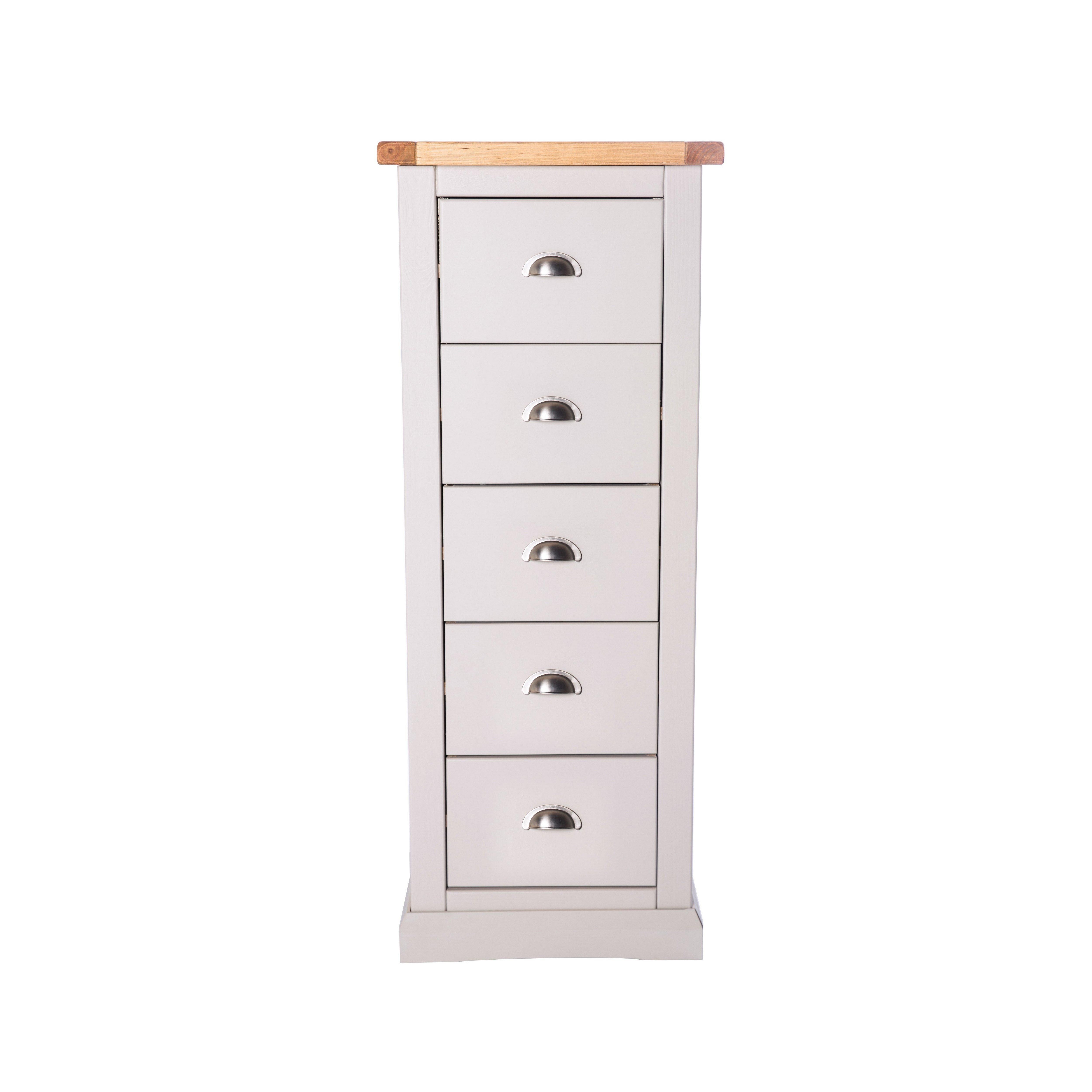 Cabinet Bits Loreo 5 Drawer Narrow Chest of Drawers Chrome Cup Handle in Light Grey