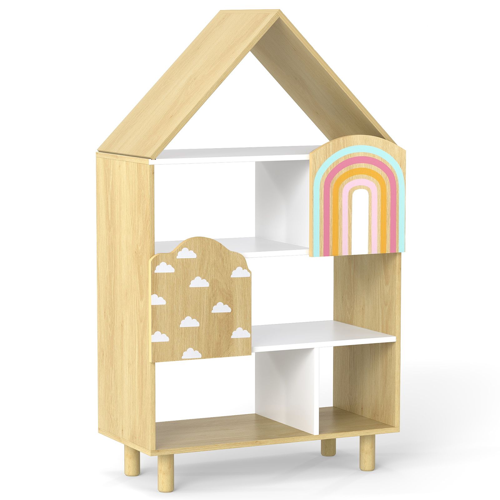 Costway Dollhouse Bookshelf House-shaped Bookcase with 2 Doors in Natural