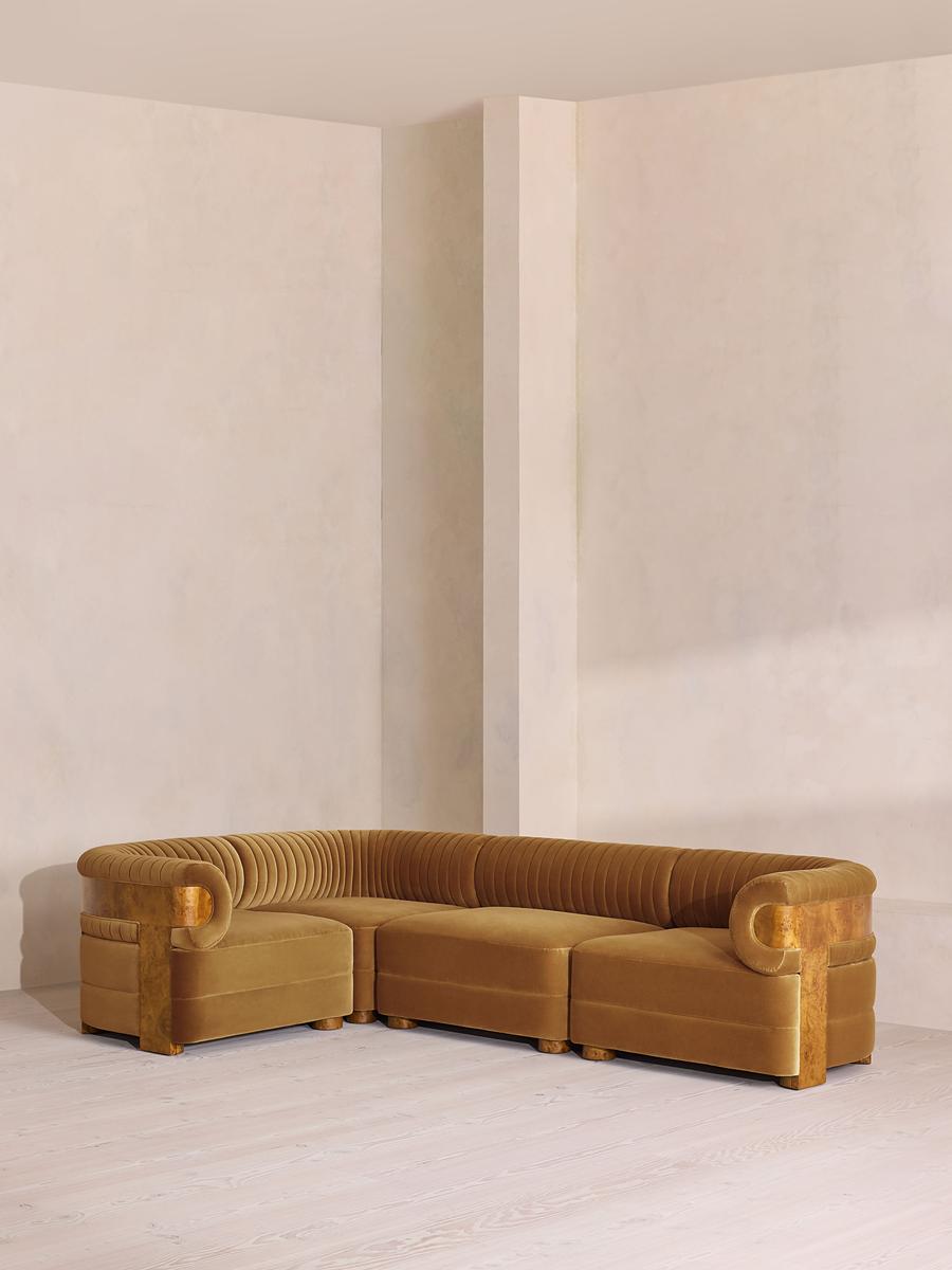 Caleb Modular L-Shape Sofa, Velvet, Mustard, Dark Burl