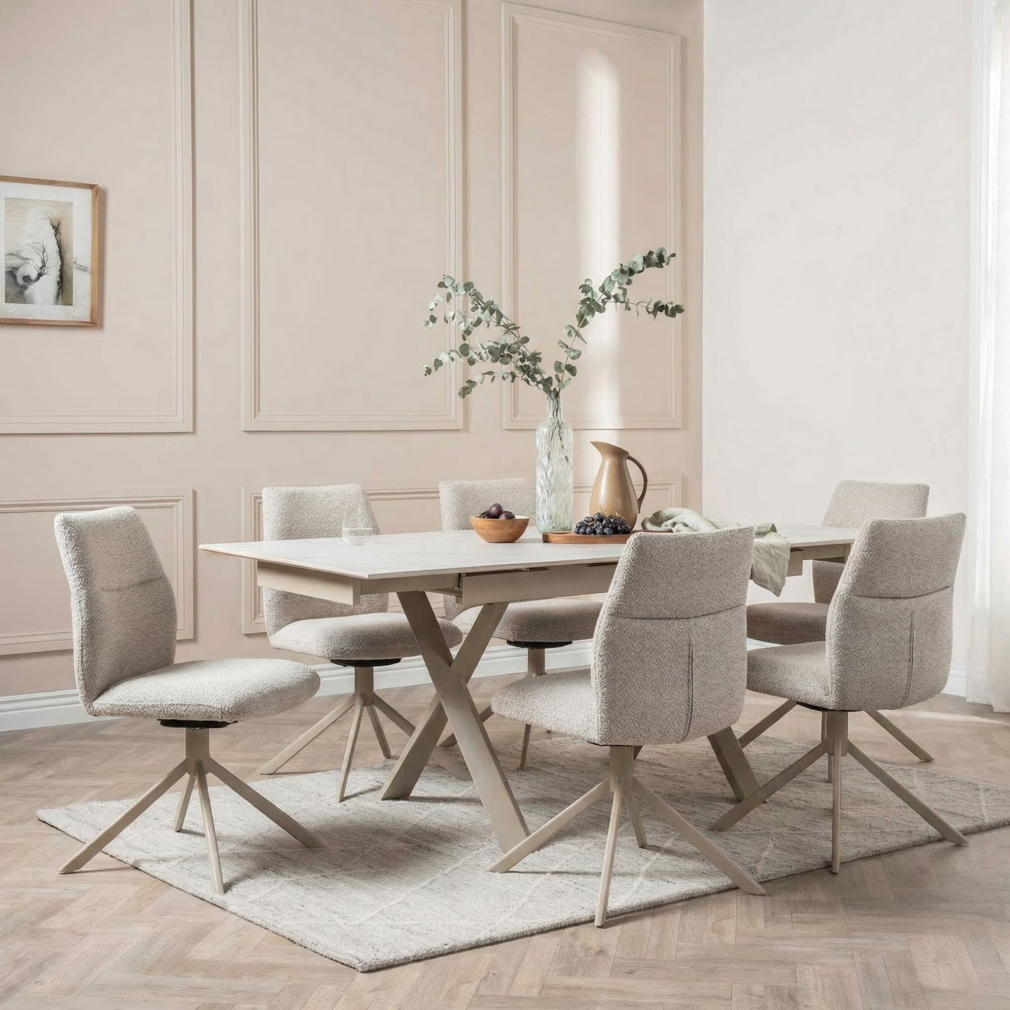 Altadena Extension Table+6 x Altadena Swivel Armchair, Neutral Ceramic | Barker & Stonehouse 2