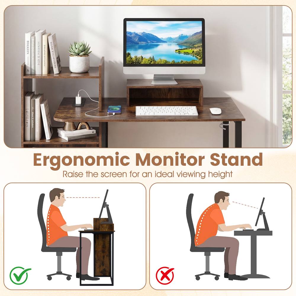 Costway 110CM Computer Desk Study Desk w/ Monitor Stand & Charging Station in Brown