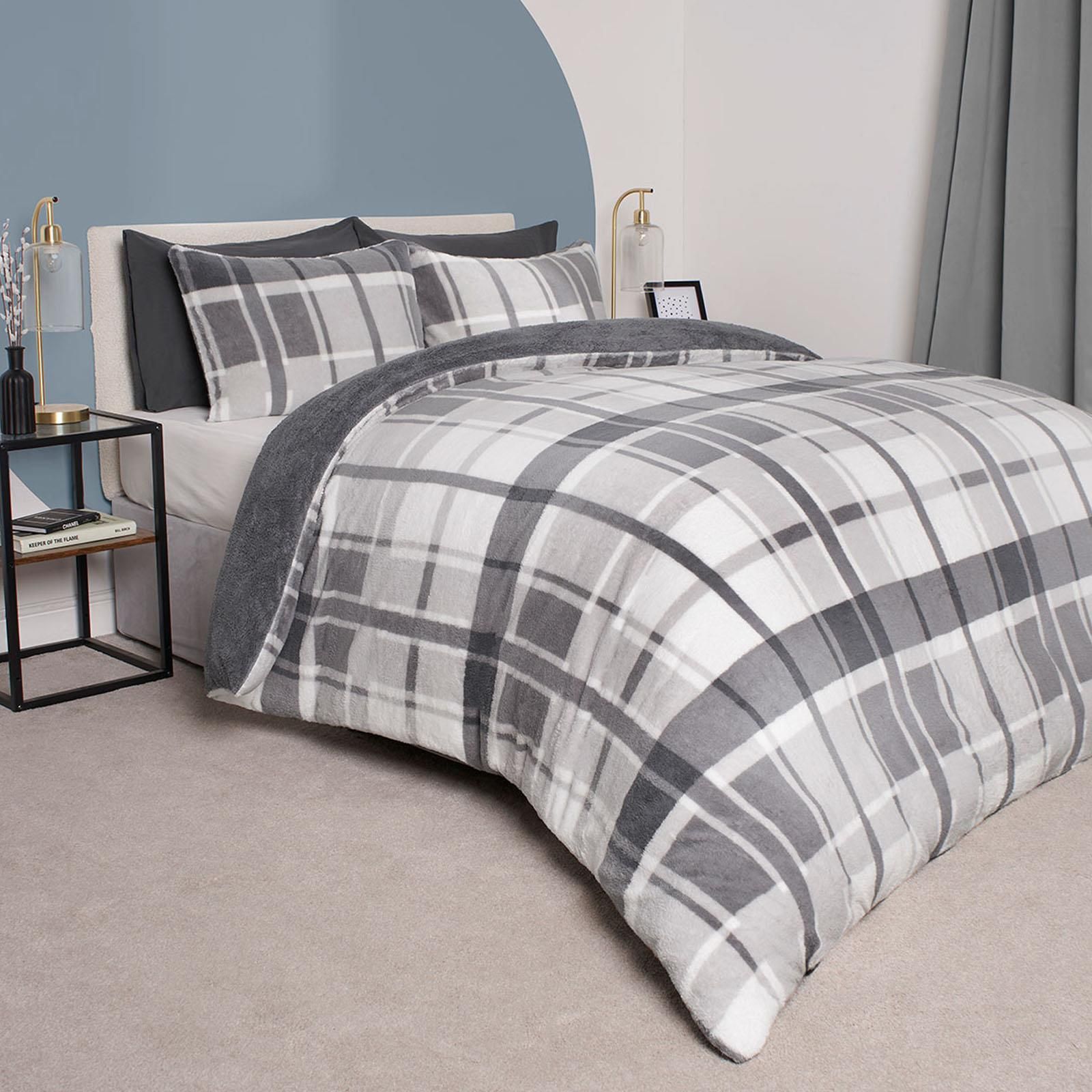OHS Teddy Fleece Duvet Cover Set Pillowcase Bedding Check in Charcoal