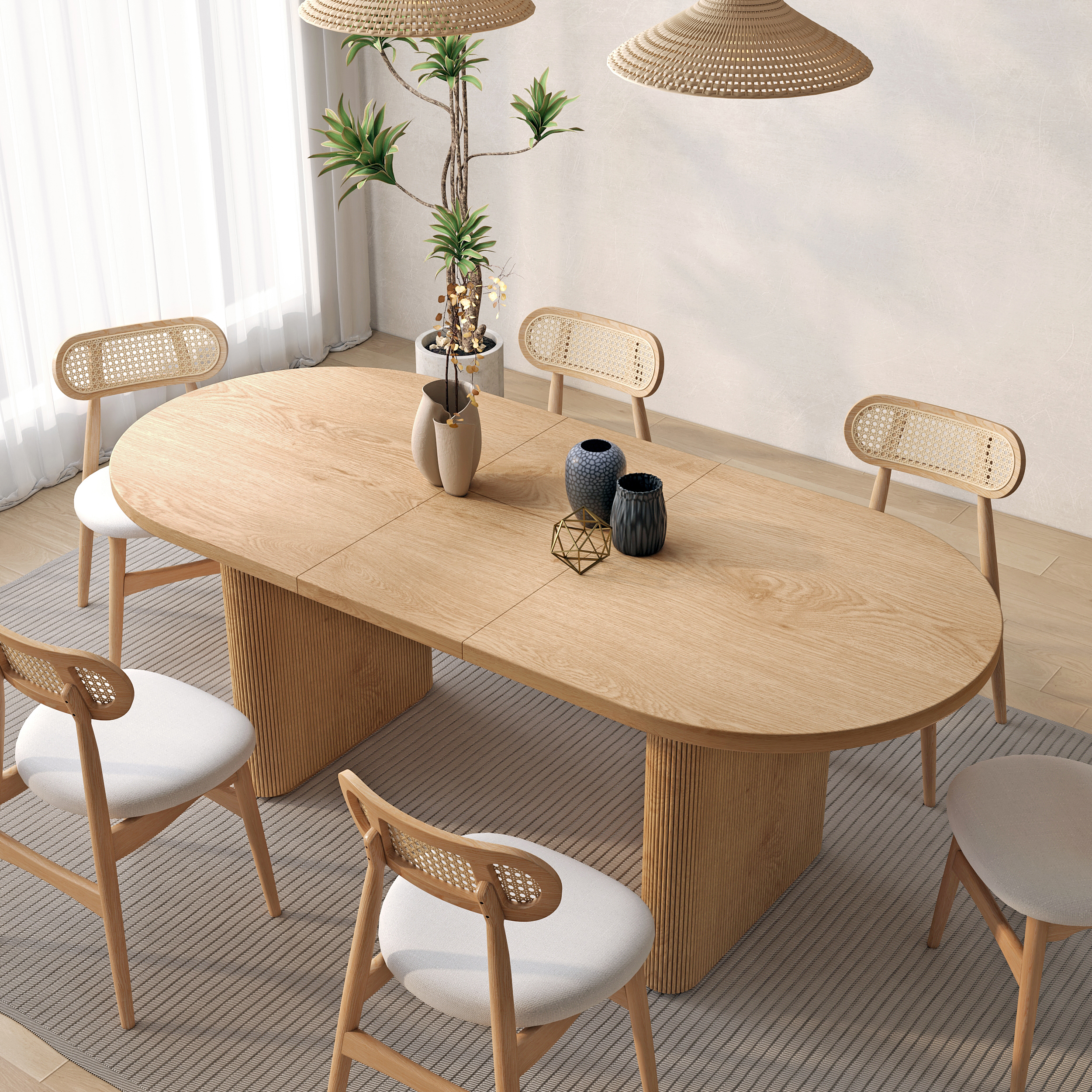 Fluve 160 cm - 200 cm Oval Extendable Natural Dining Table Butterfly Leaf 4-6 Seater