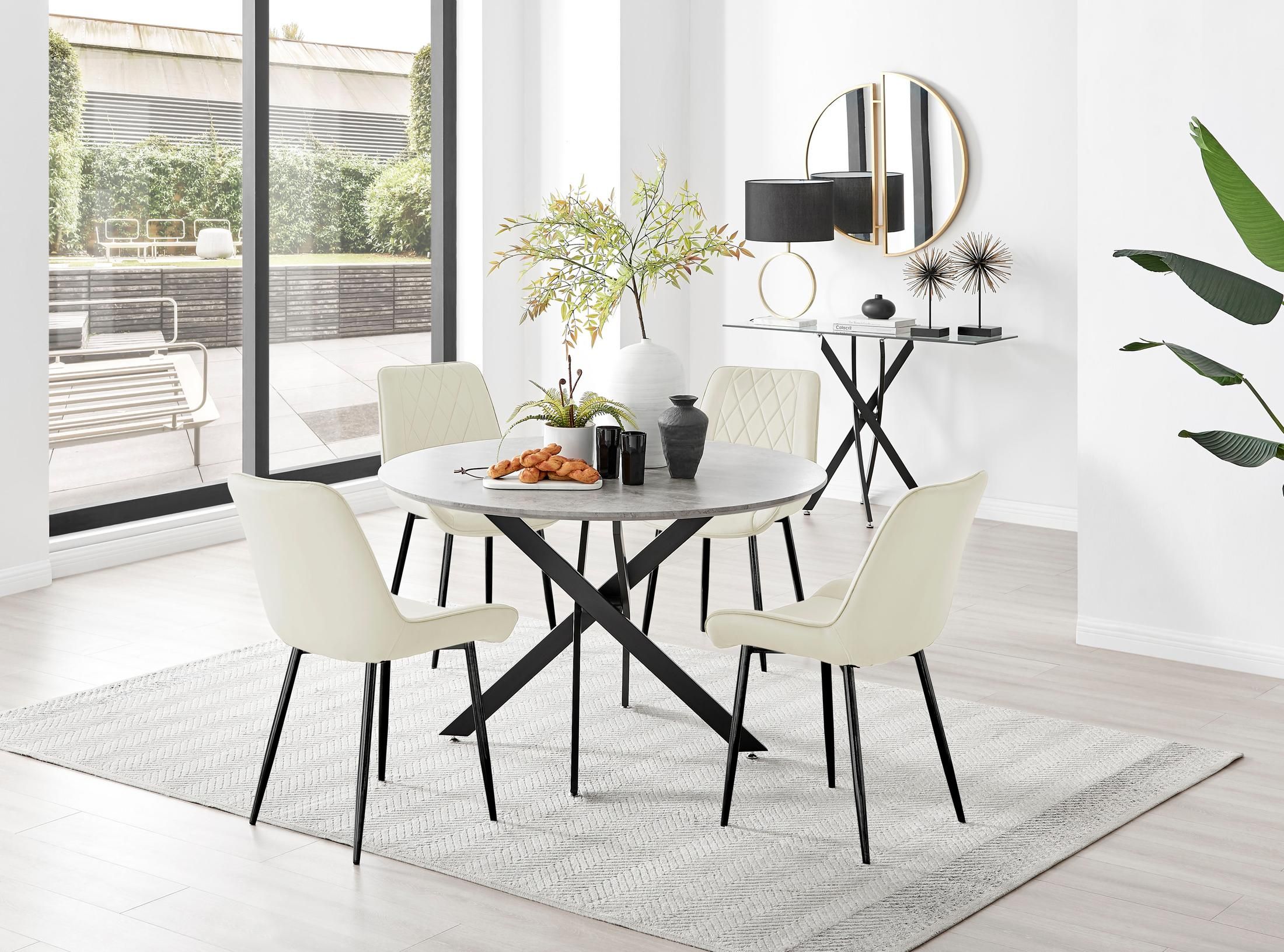 FurnitureboxUK Novara Grey Concrete Effect Black Leg 120cm Round Dining Table & 4 Pesaro Black Leg Chairs in Cream
