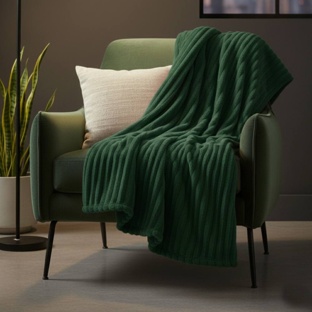 Snug City Chunky Ribbed Mink Throw Ultra Soft Warm Elegant Blanket for Sofa Bed in Green