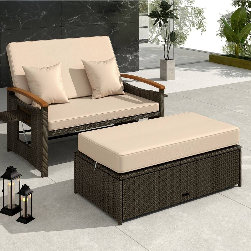 Costway Garden Rattan Daybed Patio Double Wicker Chaise Sun Lounger w/Cushion in Brown