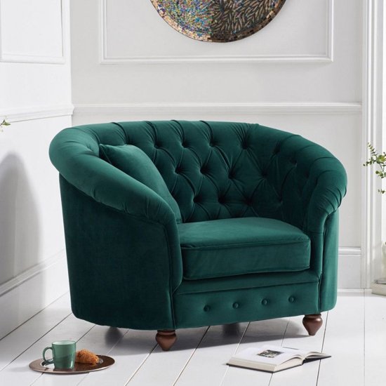 Casiop Chesterfield Plush Fabric Upholstered Armchair In Green
