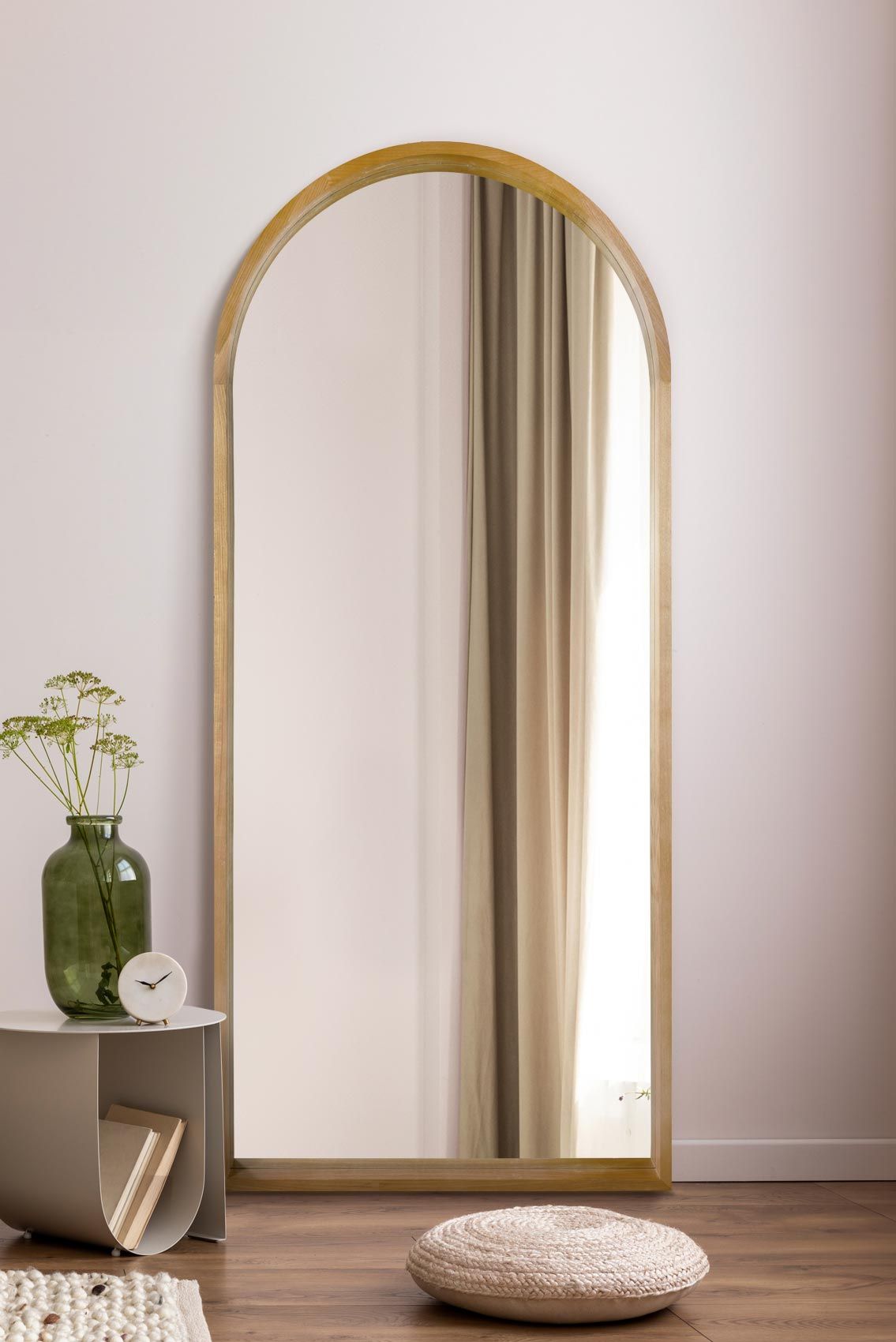 MirrorOutlet Solid Oak Framed Arched Leaner / Wall Mirror 75" X 33" (190CM X 85CM) in Beige