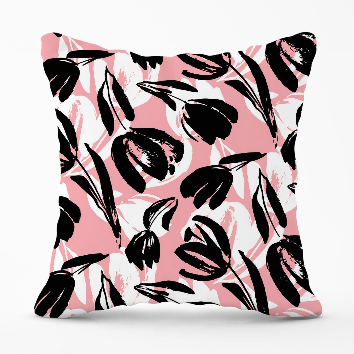 Warren Reed - Designer Nature Flat Spring Flower Motif In Pink & Black Color Outdoor Cushion