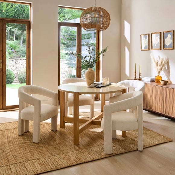 Halton 4 Seater Round Dining Table, Travertine Stone & Oak