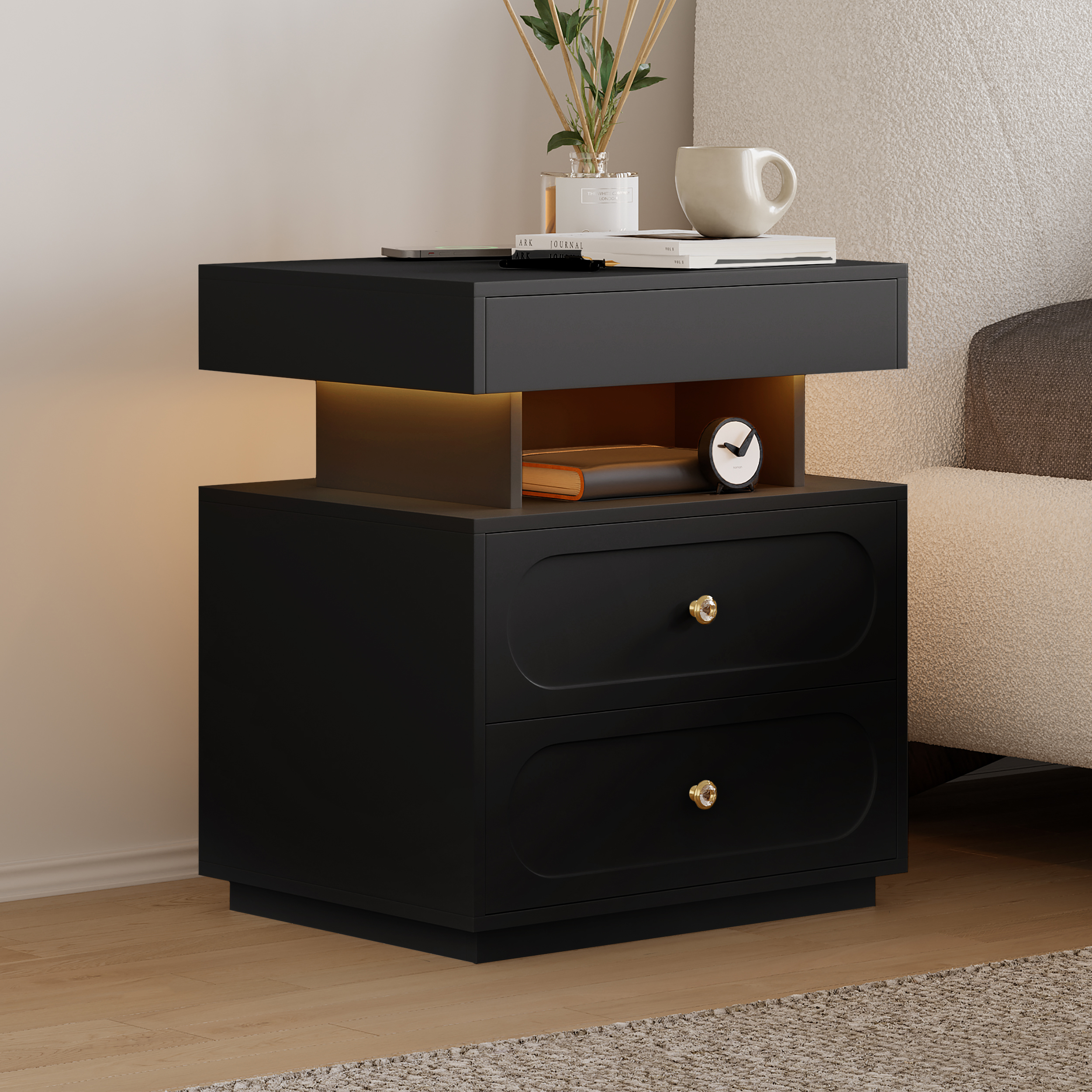 Modern Smart Nightstand with Light 2 Drawer Bedside Table with Charging Station Set of 2