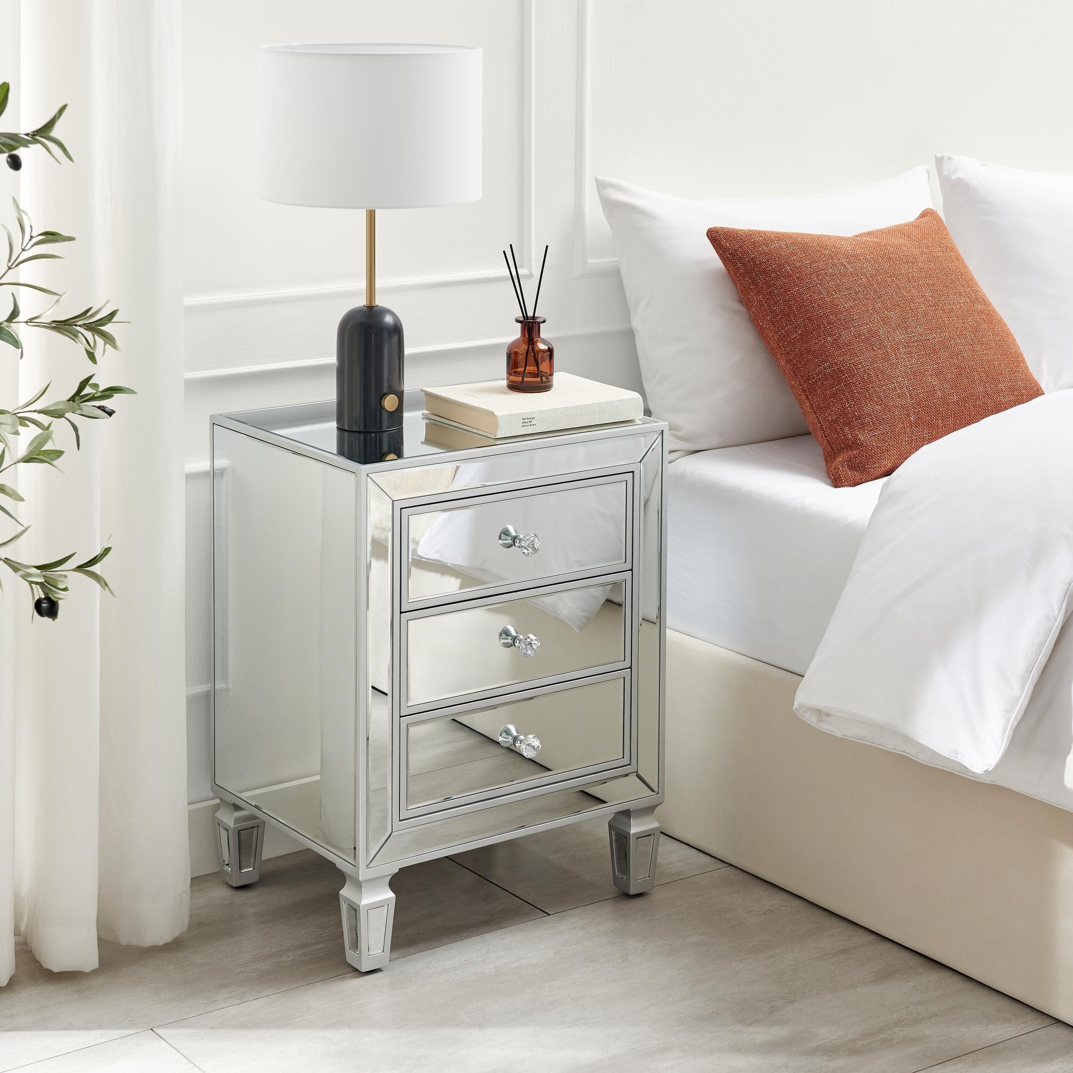 FurnitureboxUK Venice Contemporary 3 Drawer Silver Framed Mirrored Bedside TableWith Crystaline Shaped Handles