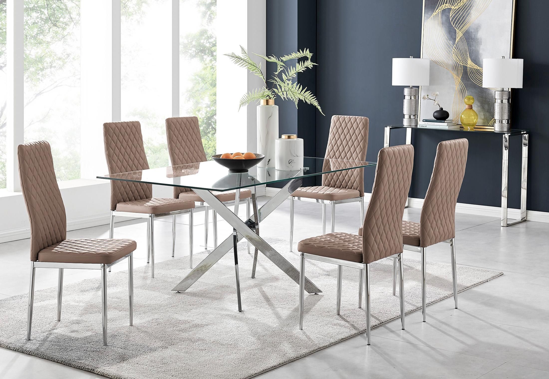 FurnitureboxUK Leonardo Glass & Chrome Metal Dining Table & 6 Milan Chairs Dining Set in Beige