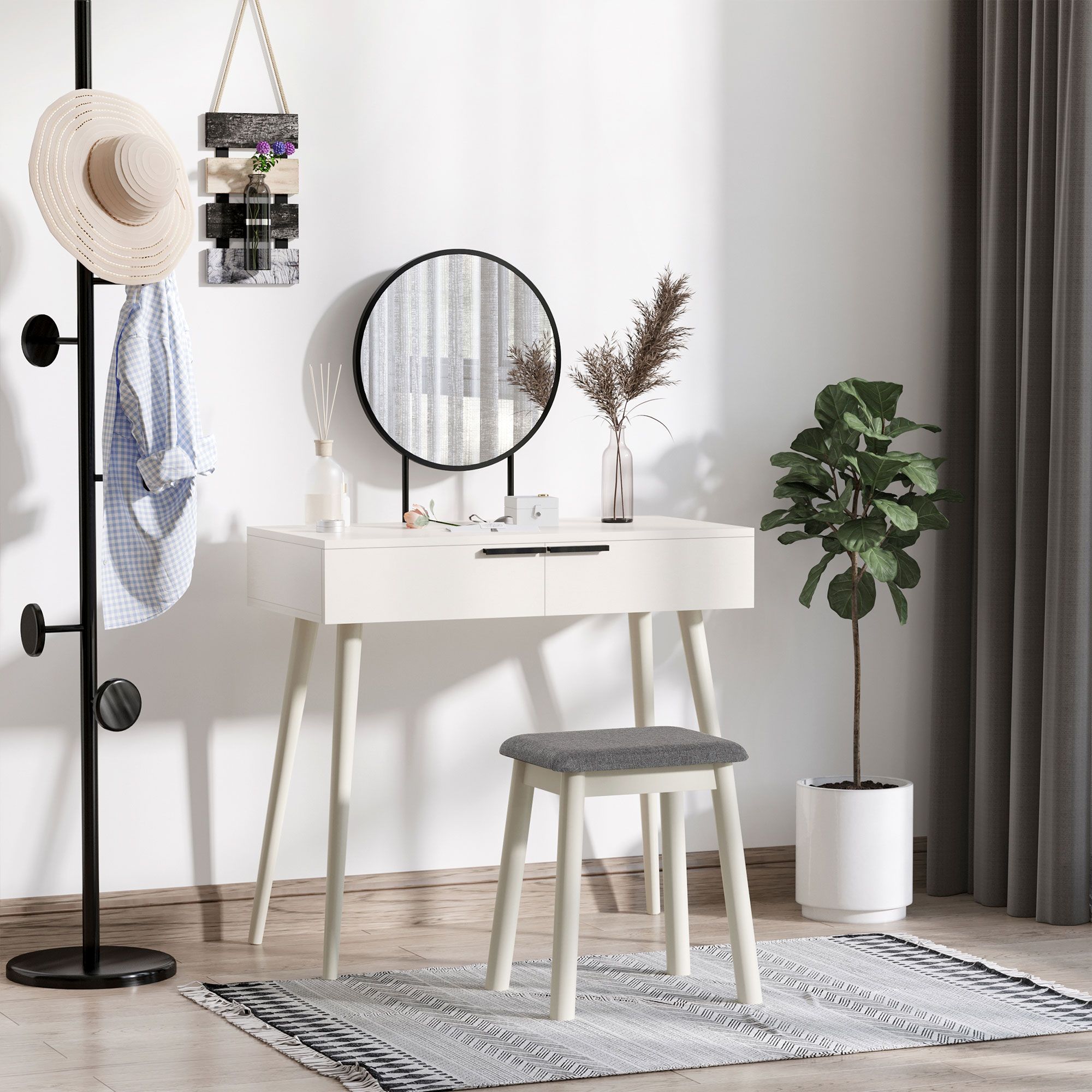HOMCOM Vanity Table Set Dressing Desk Cushioned Stool Drawer Makeup Table in White