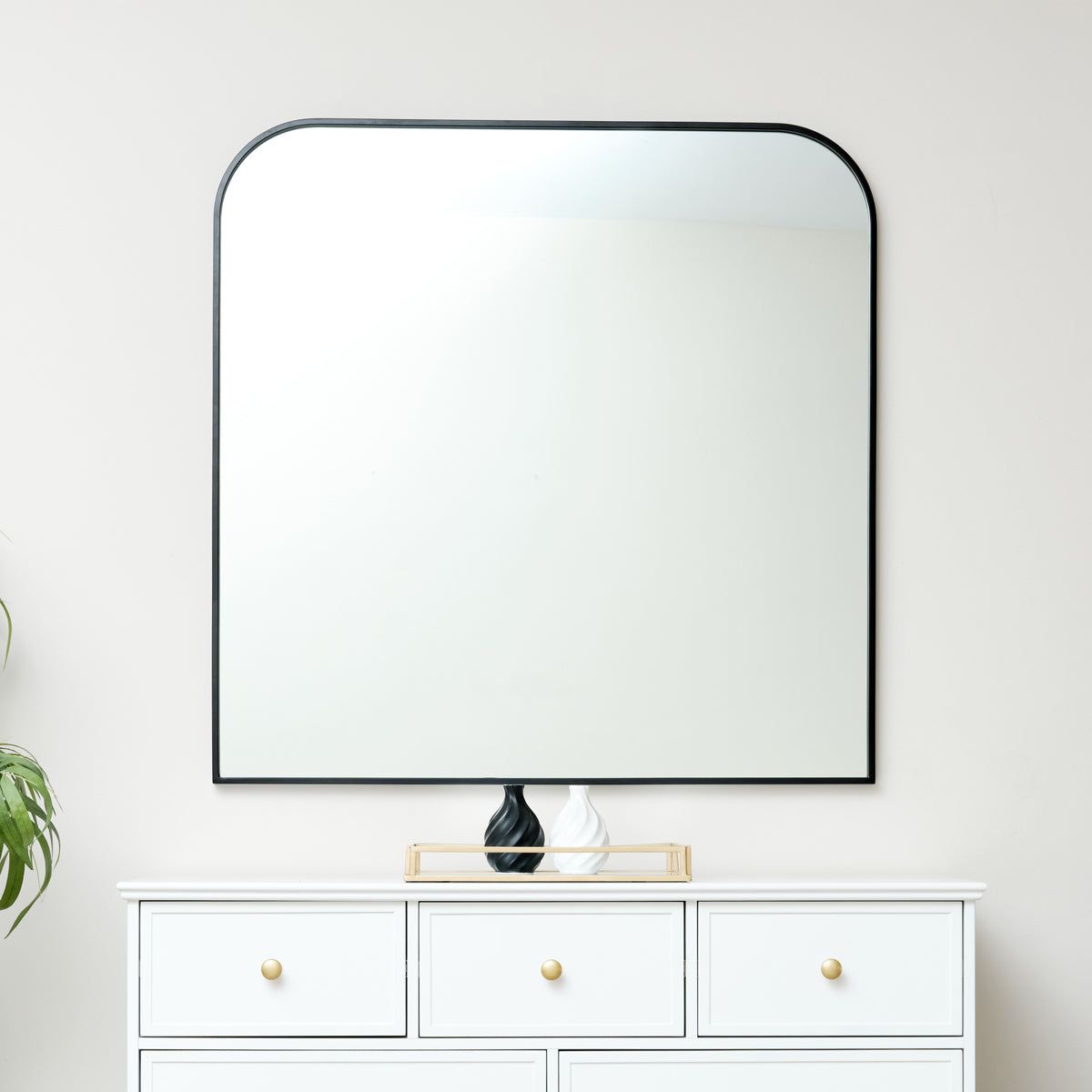 Melody Maison Large Black Curved Square Arched Overmantle Mirror 100cm X 100cm in Jet Black