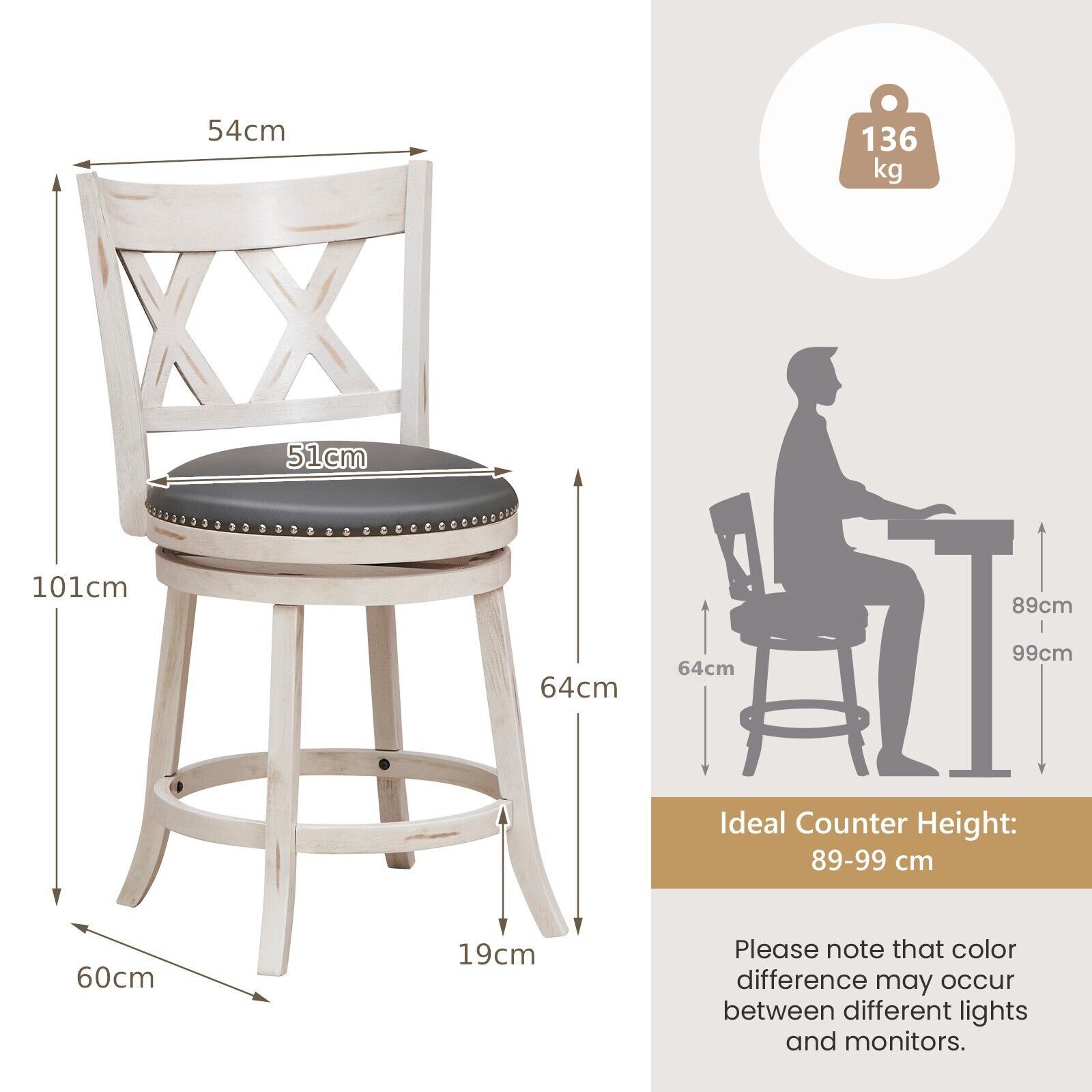Costway Set of 2 Bar Stools Counter Height Chair Pub 360 Swiveling Upholstered Seat 24" in White 2