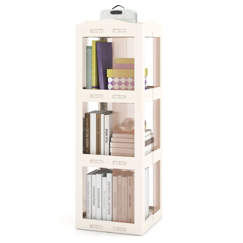 Costway Foldable Rotating Bookshelf 3-Tier Revolving Bookcase Display Shelf in White