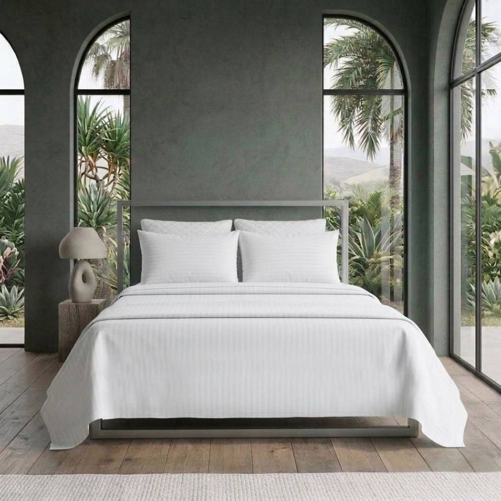 Snug City Luxury Satin Stripe T250 Cotton Rich Soft Flat Sheet Bed Linen in White