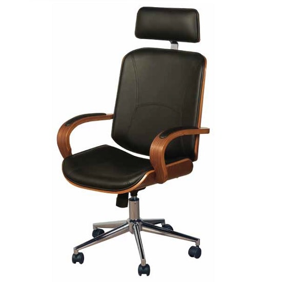 Loire Office Chair In Black Faux Leather With Walnut Frame