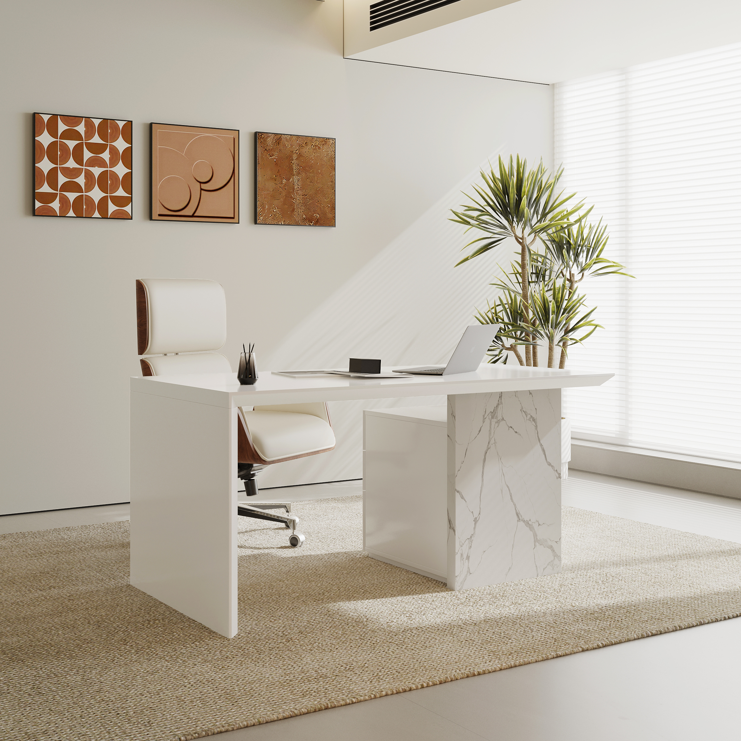 1520mm Modern MDF & Marble Veneer Desk & Off White Home Office Chair Set High Back