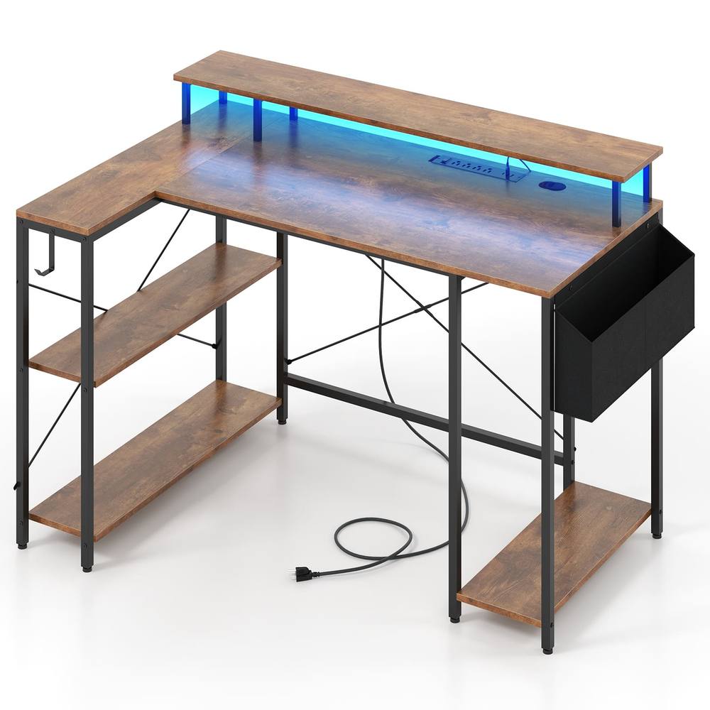 Costway L-Shaped Gaming Desk 120 cm Computer Desk with LED Lights in Brown