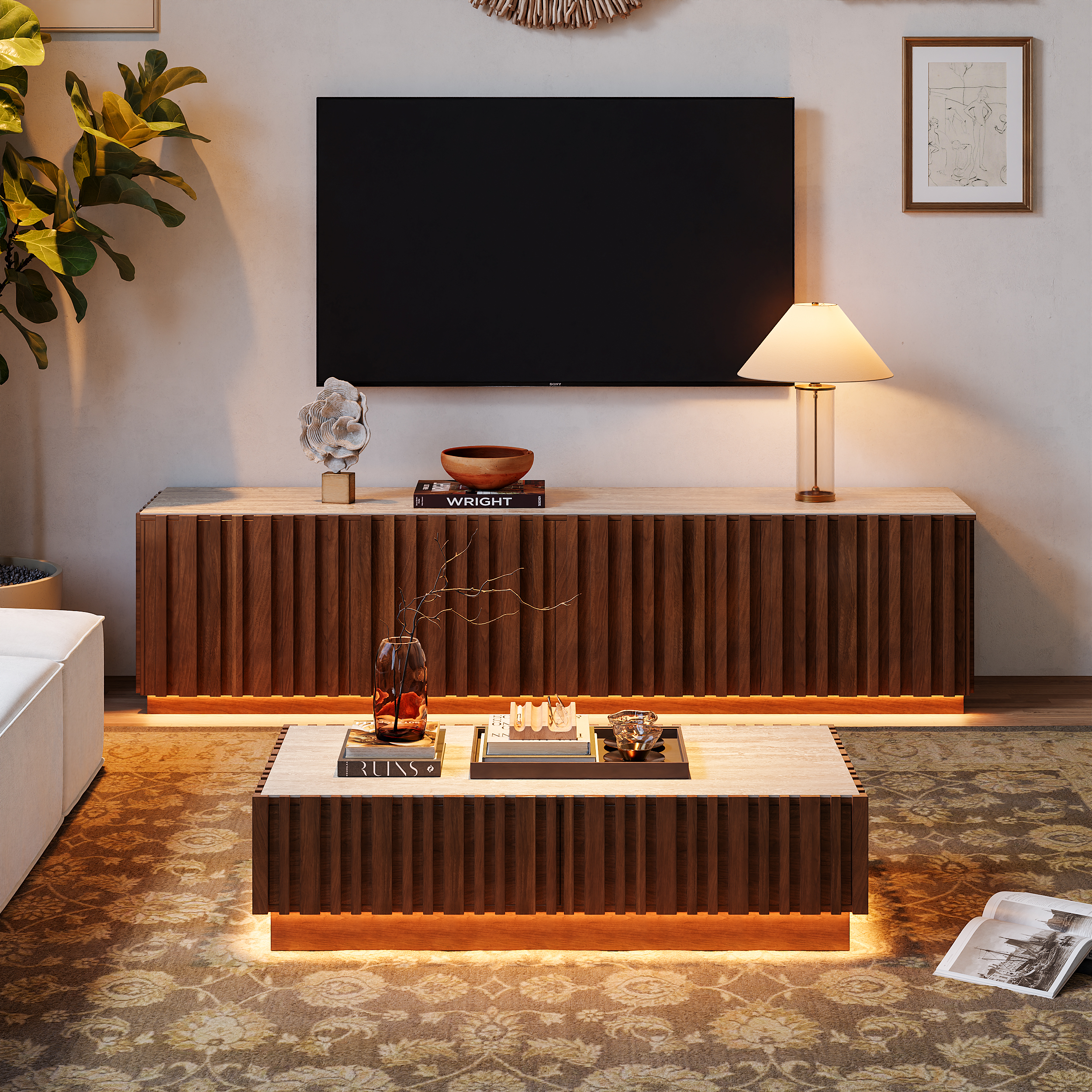 Aura TV Stand Set of Ash Wood Slatted TV Stand & Coffee Table with Sintered Stone Top