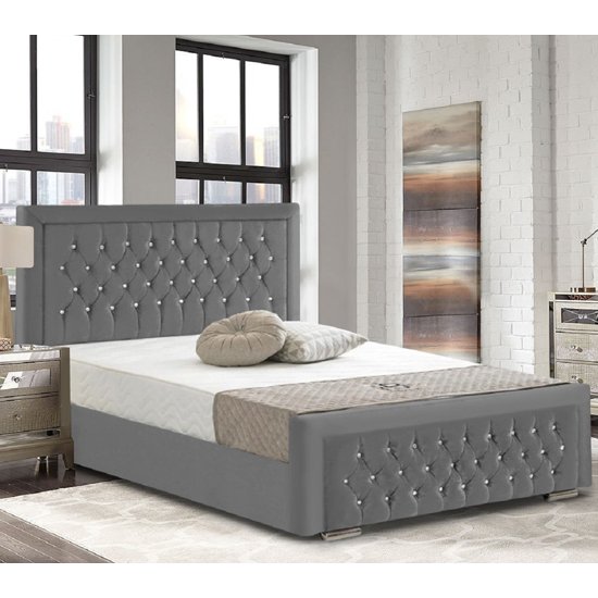 Lajatico Plush Velvet Upholstered Super King Size Bed In Grey