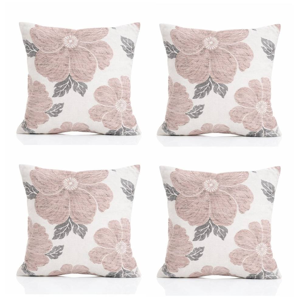Luxury Living Poppy Chenille Cushions Set of 4 - Luxurious Floral Design, Thick Jacquard Fabric, Easy-Care with Wide Zip in Pink