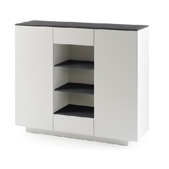 Denzel Highboard In White Matt And Grey Glass Top With 2 Doors