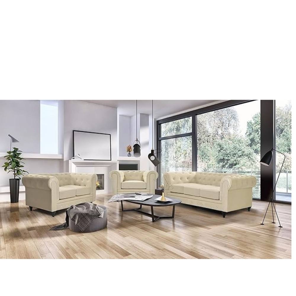 Bliss Furniture Velvet Chesterfield Sofa Suite Armchair 2 & 3 in Cream