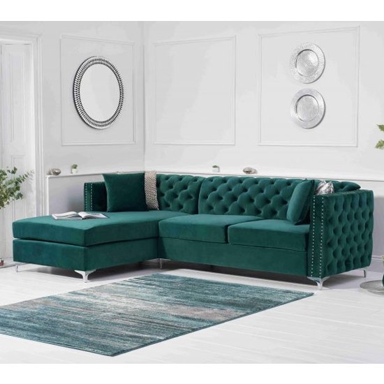 Maxo Velvet Upholstered Left Handed Chaise Corner Sofa In Green