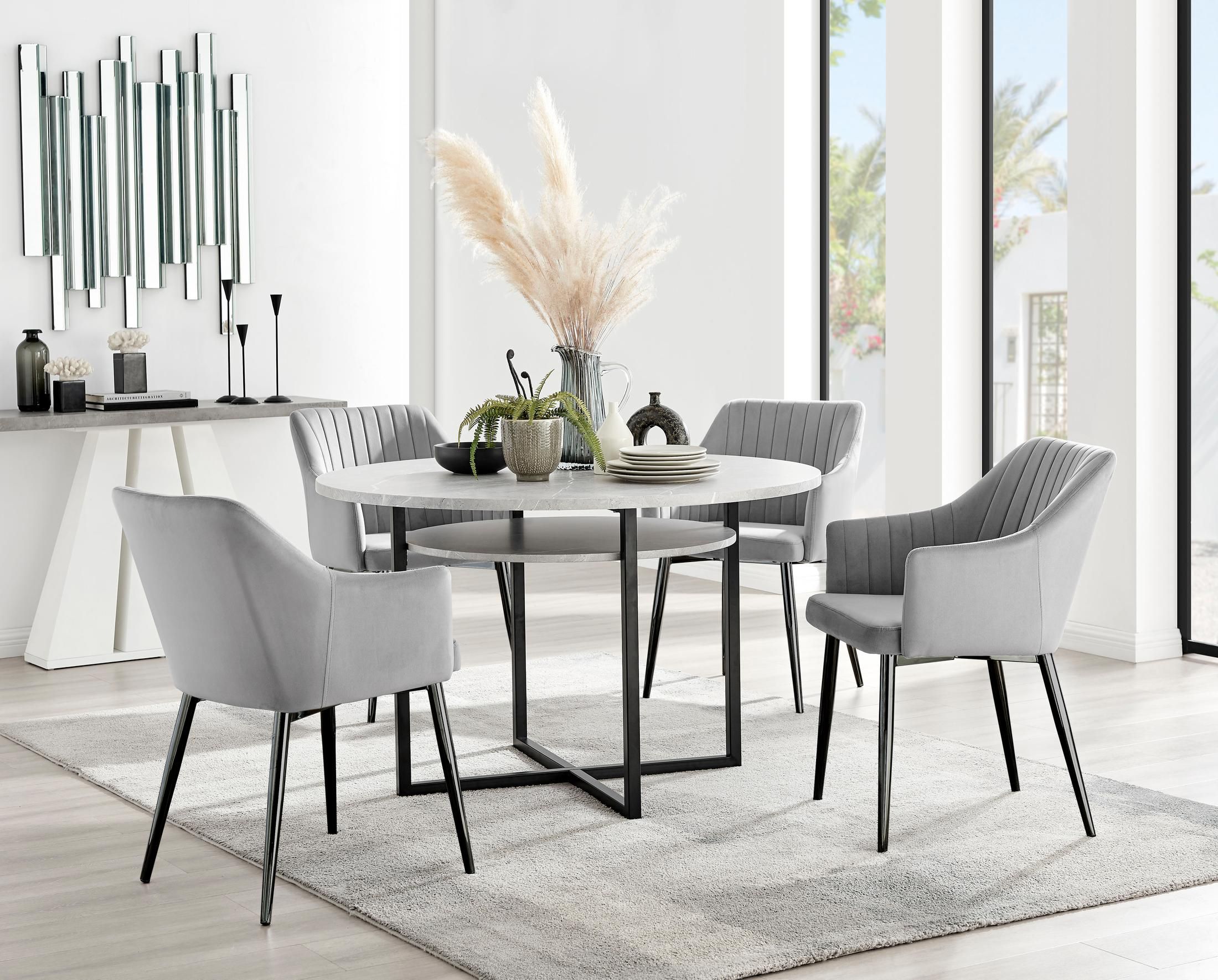 FurnitureboxUK Adley Grey Concrete Effect Round Dining Table & 4 Calla Black Leg Velvet Chairs in Cream