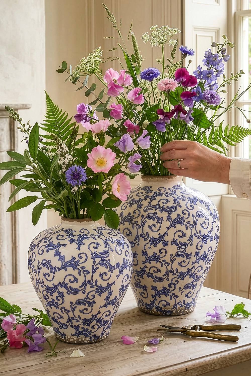 Dibor Set of 2 Vintage Luxury Solene Blue Botanical Round Flower Vase