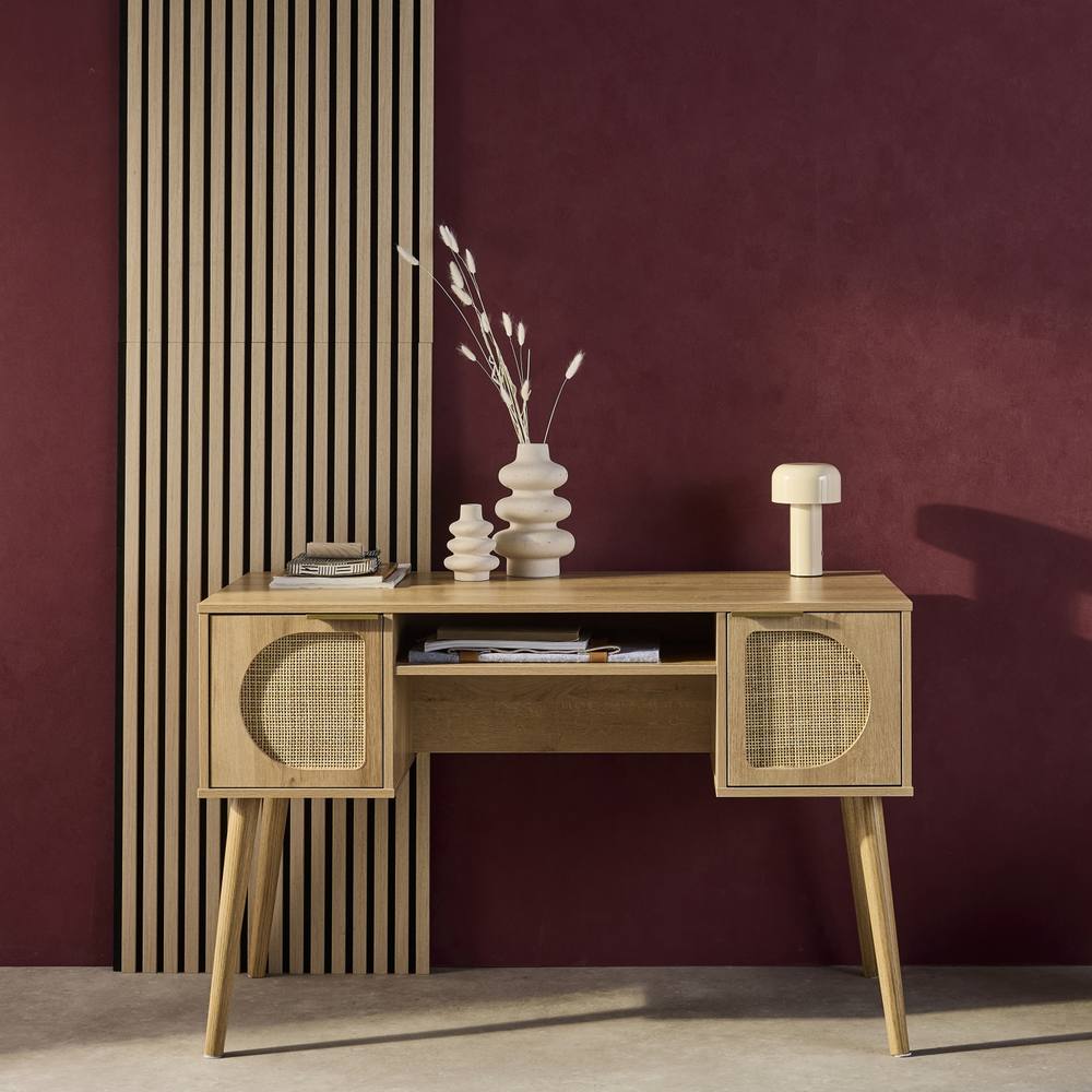 sweeek 2-drawer Wooden & Cane Effect Desk in Light Brown