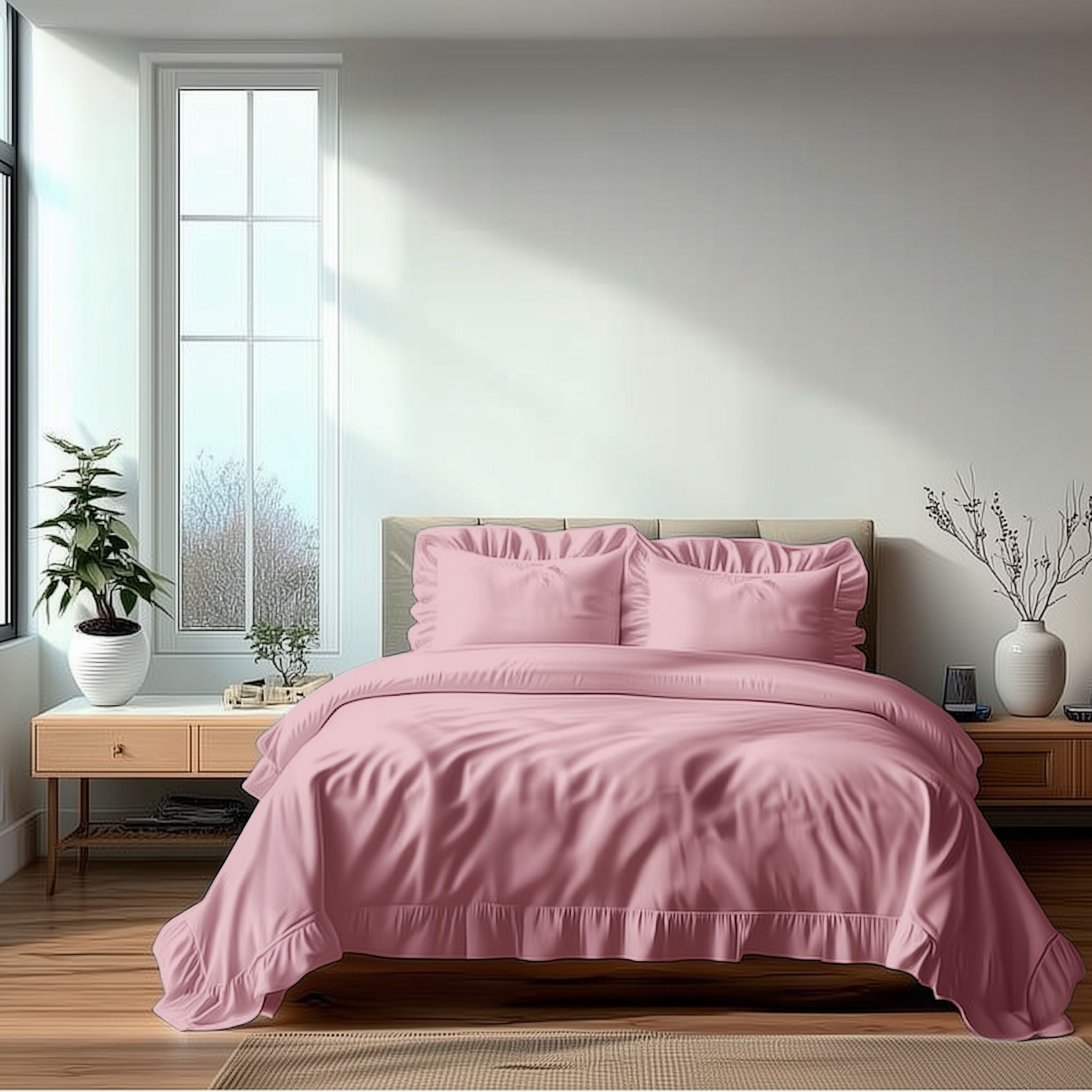 Snug City Duvet Cover & Pillowcase Set Trendy Polycotton Frilled Design Linen in Pink