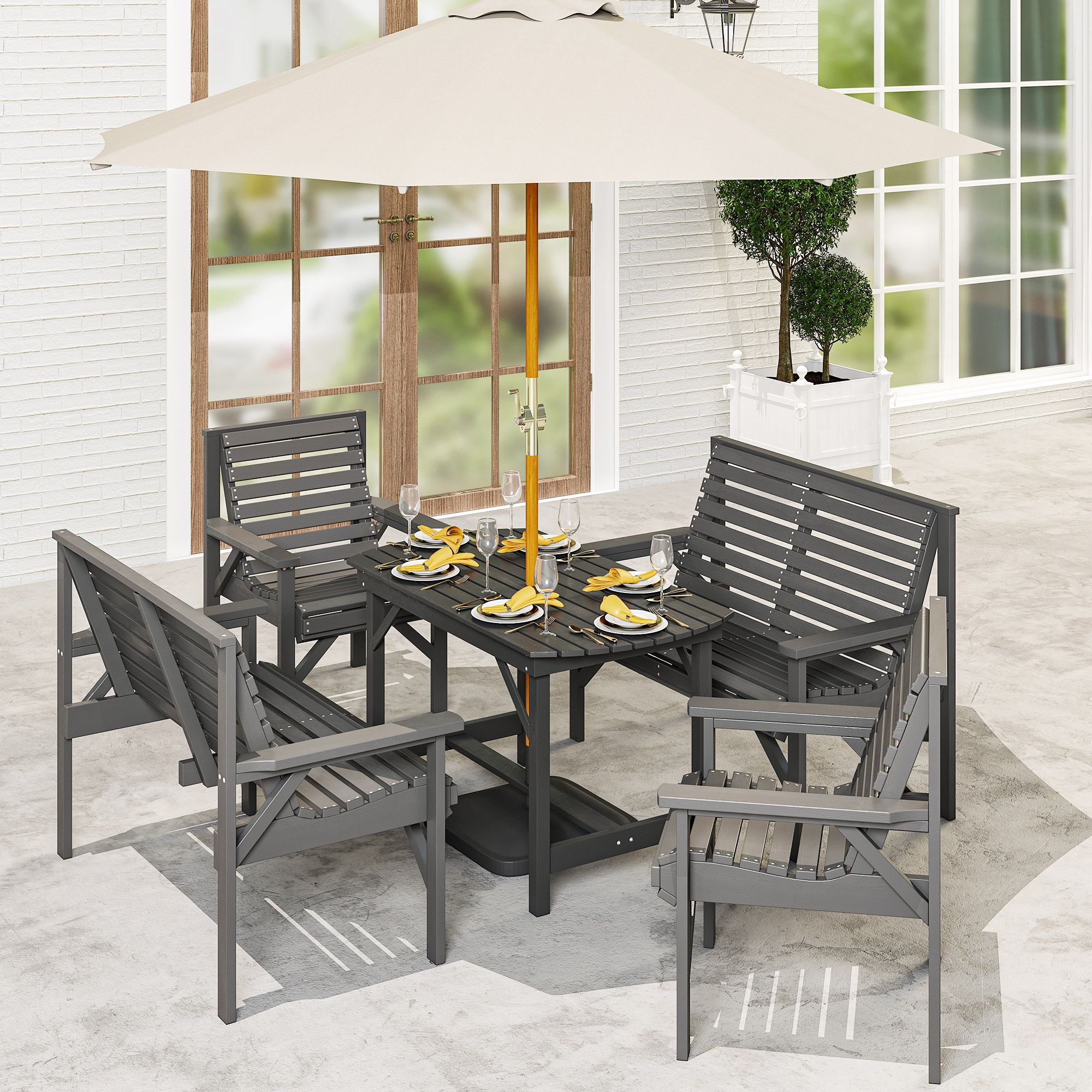 OUTSUNNY 5PC Patio Dining Set Wooden Table & Chairs w/ Umbrella Hole Grey