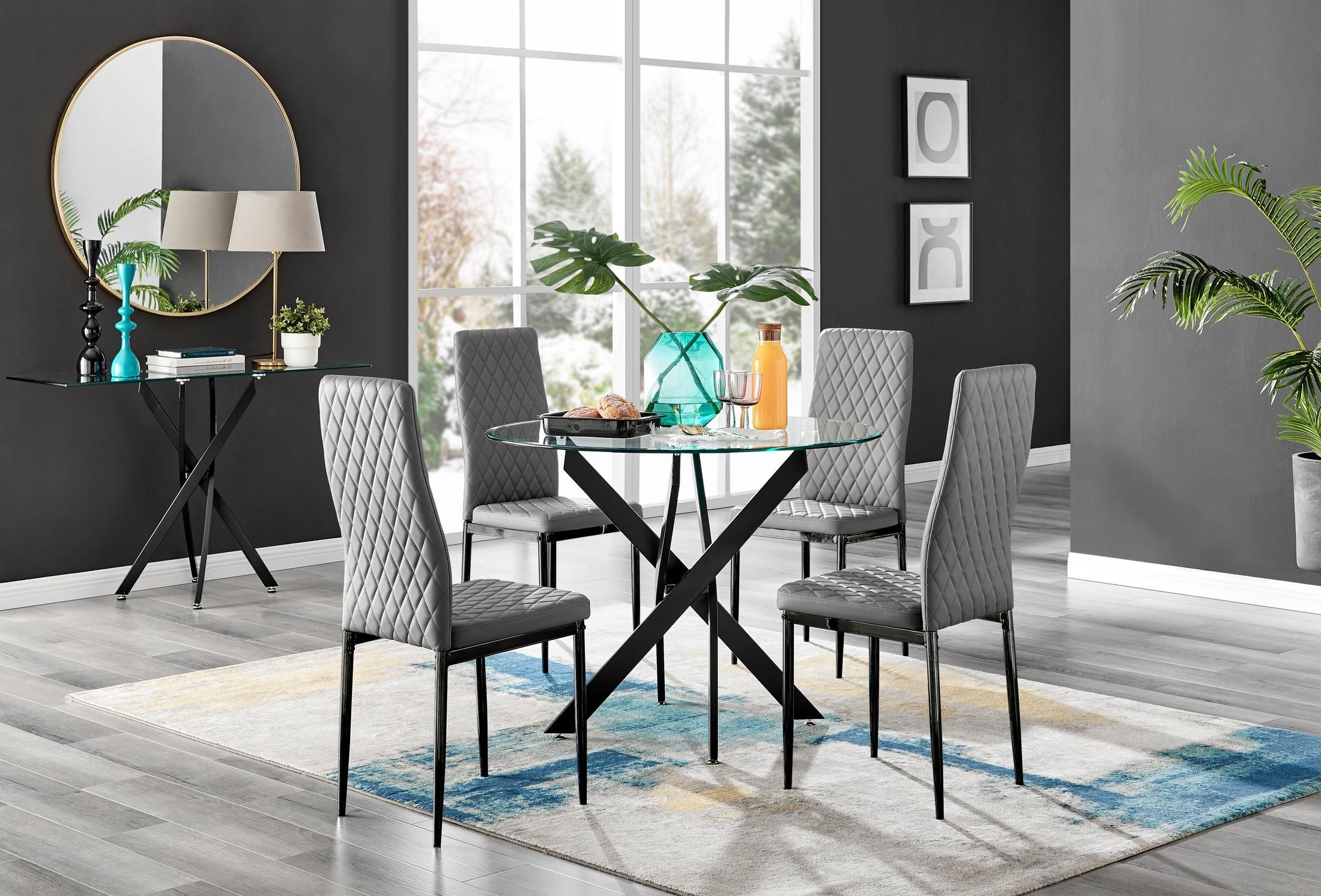 FurnitureboxUK Novara 4 Seater Black Leg Round Glass Dining Table & 4 Milan Faux Leather Black Leg Chairs in Grey