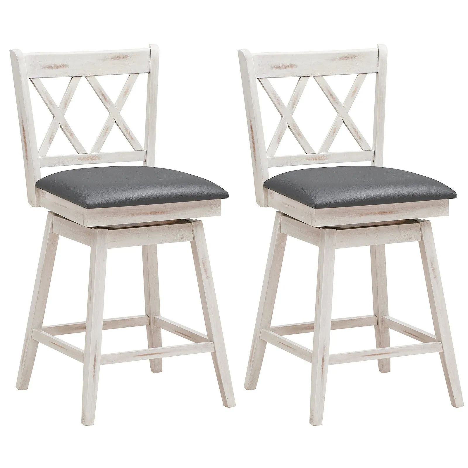 Costway Set of 2 Bar Stools Counter Height Chair Pub 360 °Swiveling Upholstered Seat 24" in White