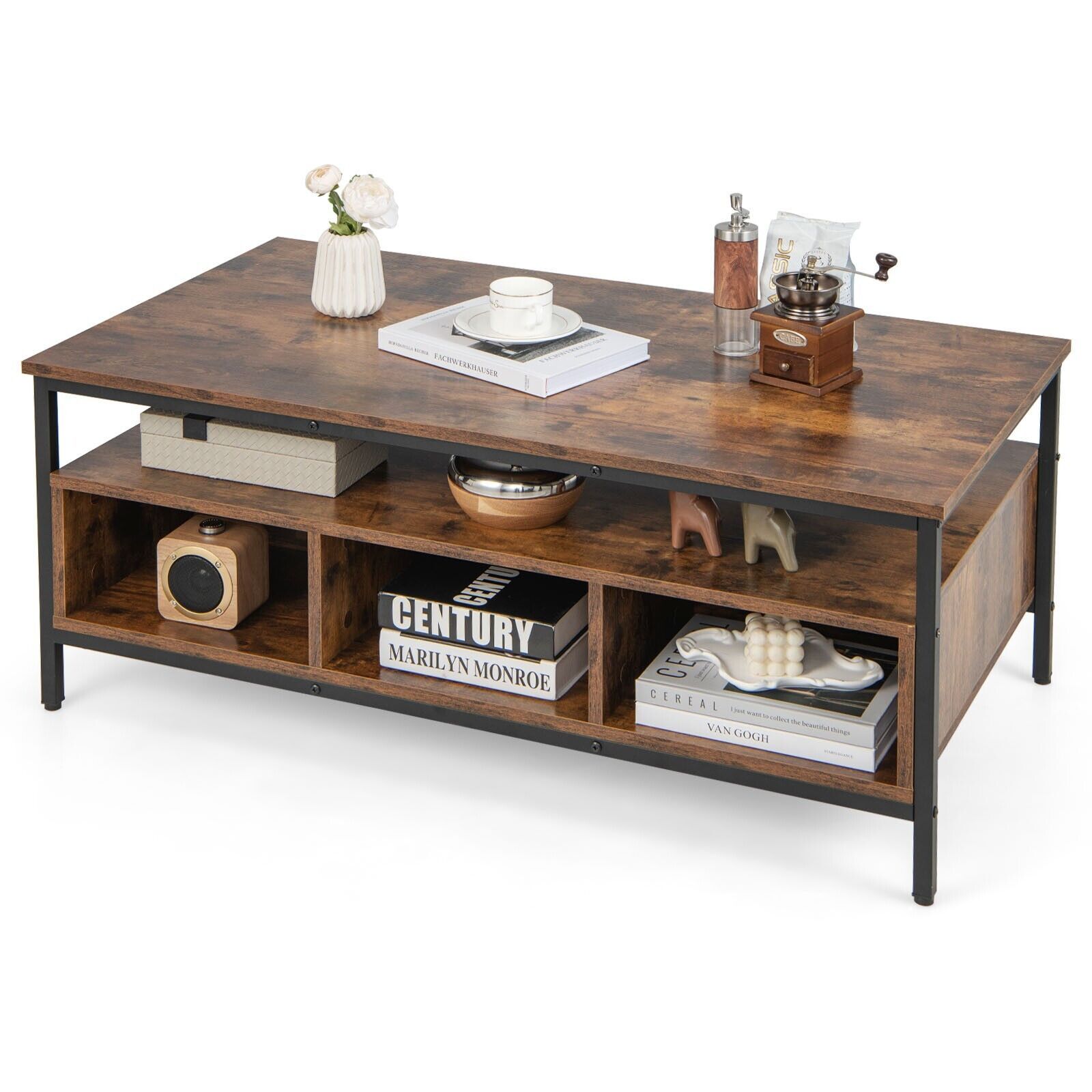 Costway Industrial Coffee Table Wooden Cocktail Center Table with Storage Shelf in Brown