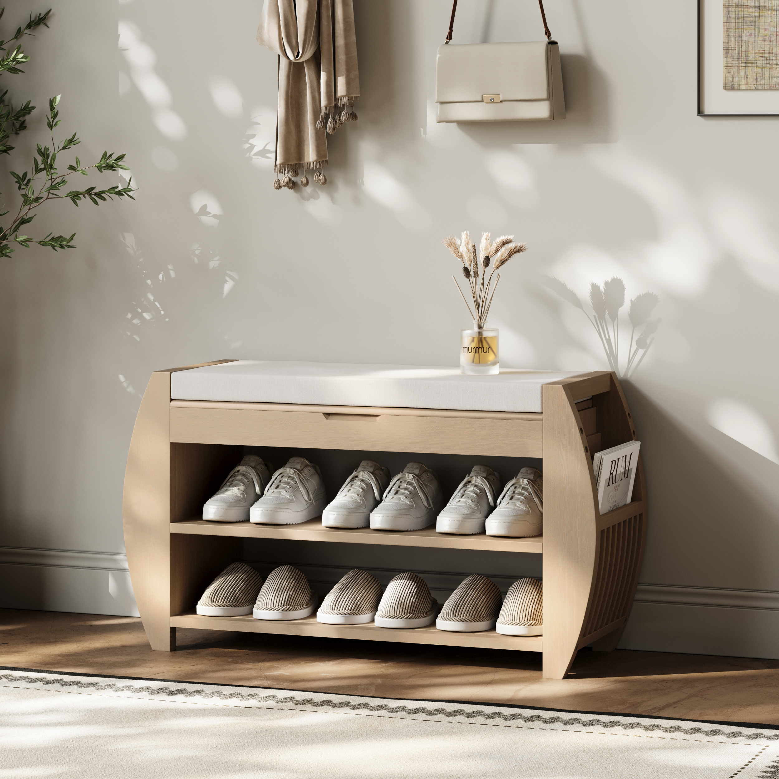 32'' Wood Veneer Whitewash Shoe Storage Entryway Bench with Shoe Rack
