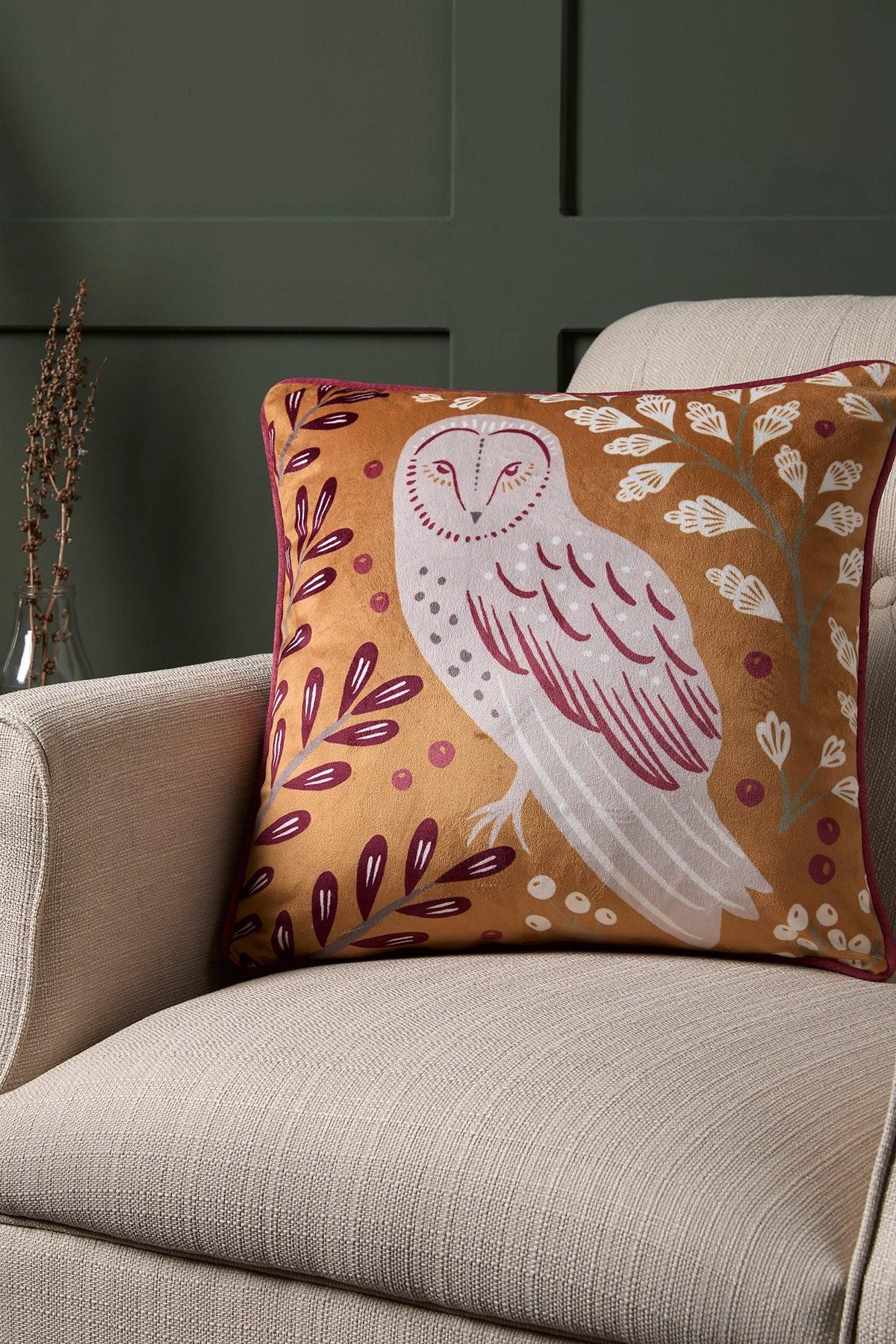 Dreams & Drapes 'Enchanted' Owl Print Velvet Filled Cushion in Red