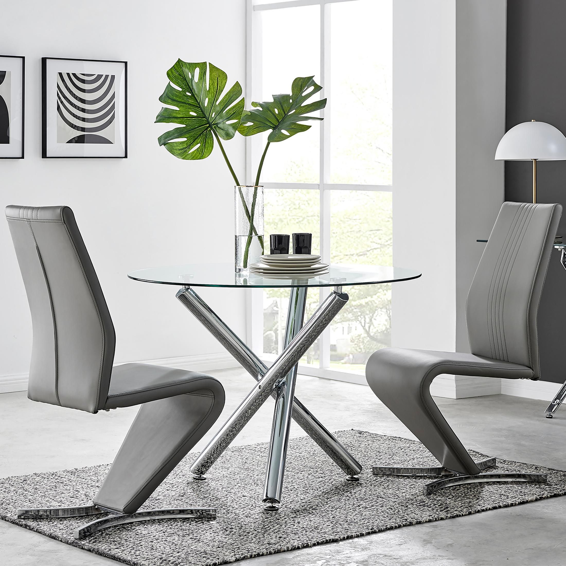FurnitureboxUK Selina Round Glass & Chrome Metal Dining Table & Luxury Willow Chairs Set in Grey