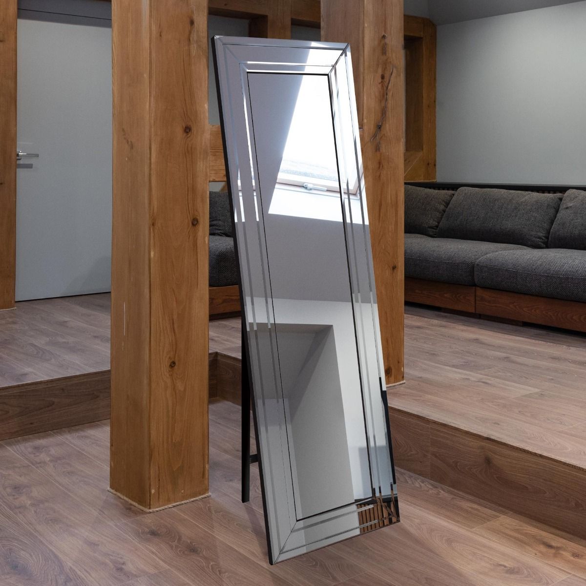 MirrorOutlet Langley All Glass Bevel Cheval Dress Mirror 5ft7 x 1ft11 170cm x 58cm in Silver