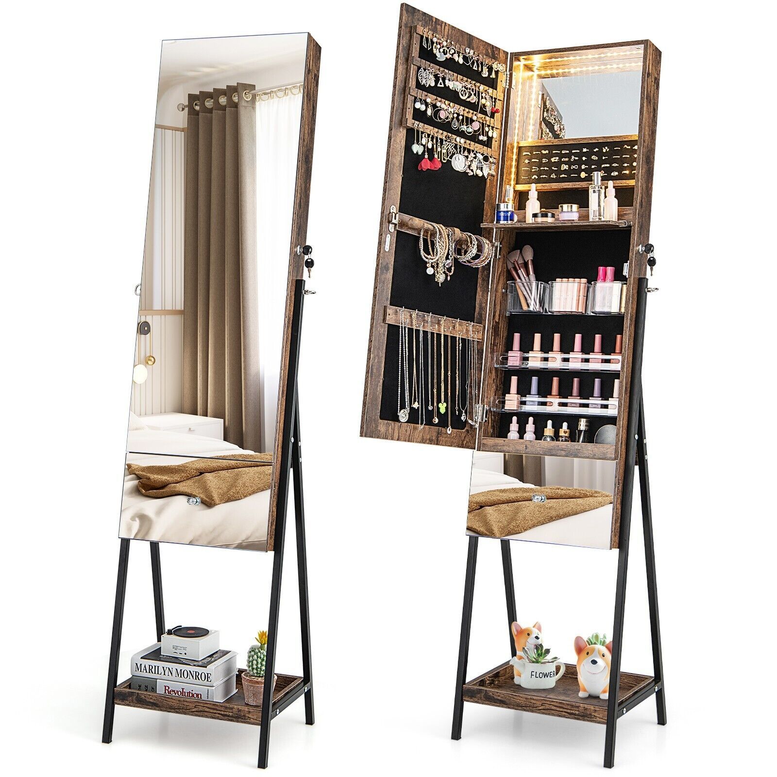 Costway Jewelry Cabinet Armoire w/ Full-Length Frameless Mirror & Built-in Makeup Mirror in Brown