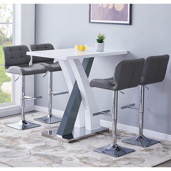 Axara Gloss Bar Table In White Grey With 4 Candid Grey Stools