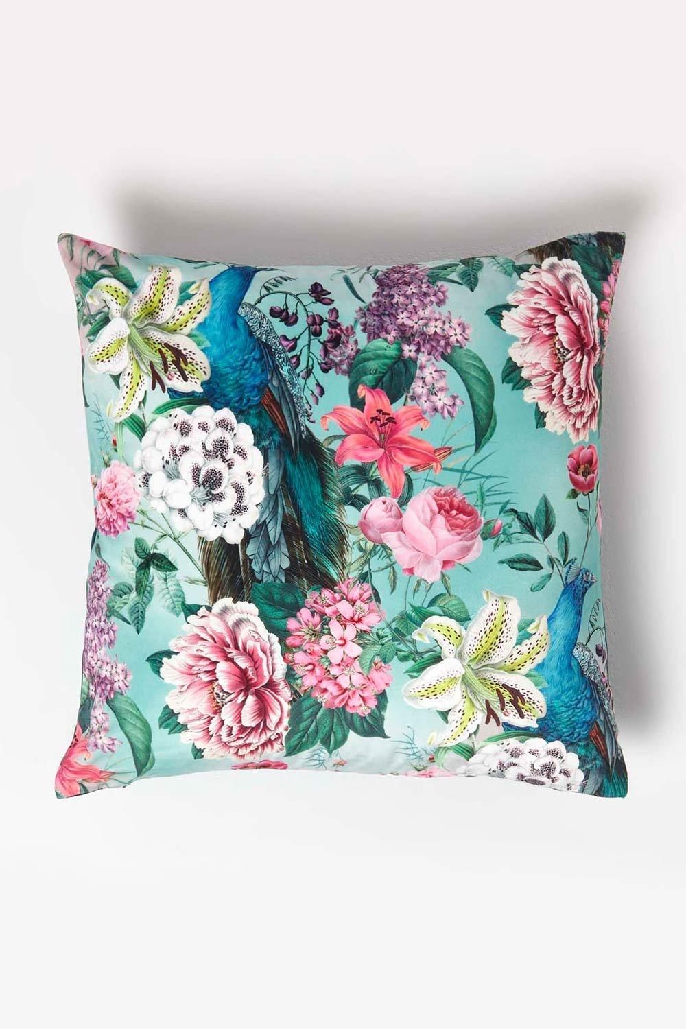 Homescapes Floral Peacock Pink & Green Filled Velvet Cushion 46 x 46 cm