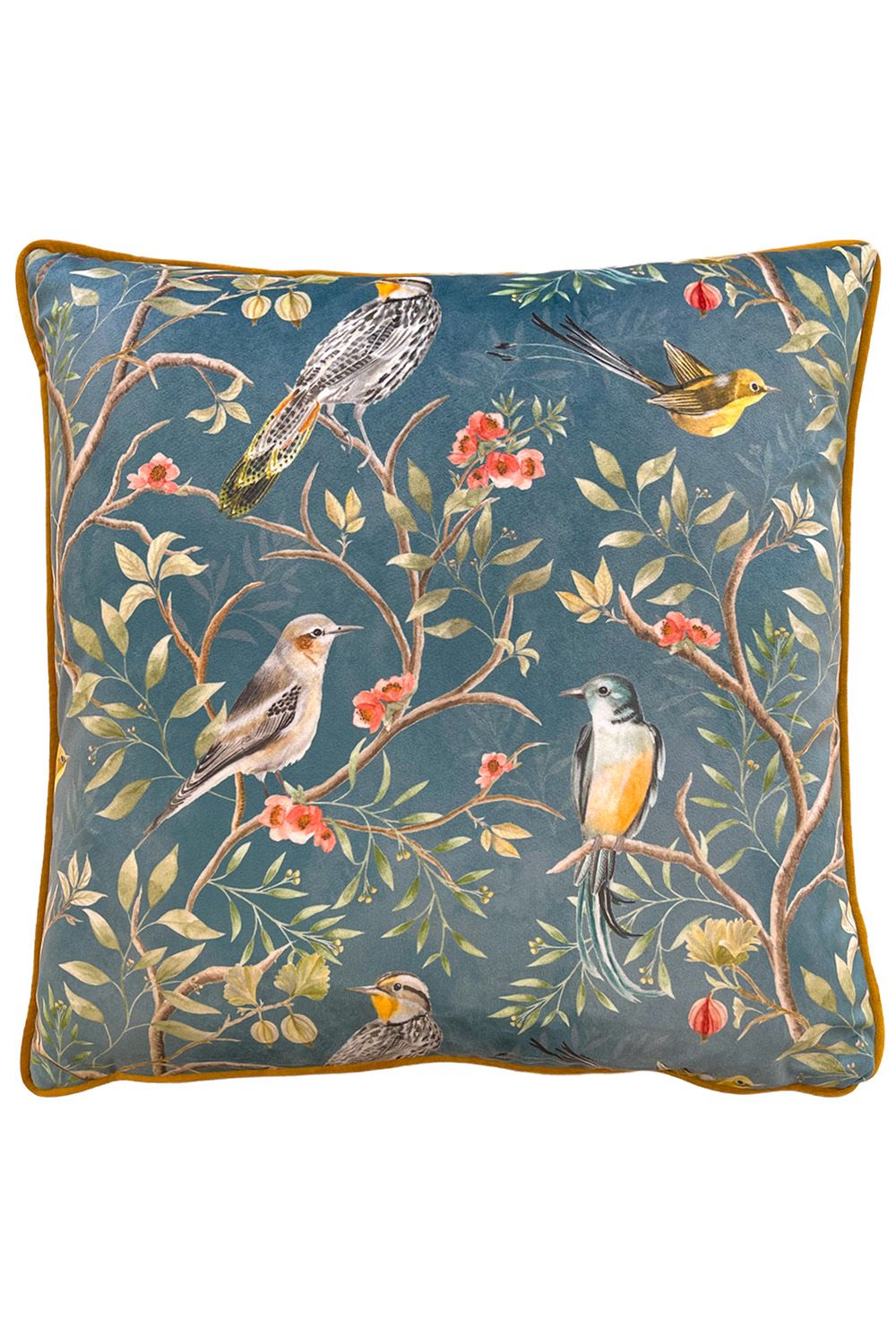 Wylder Tropics Orient Chinoiserie Birds Printed Piped Velvet Cushion in Dark Blue