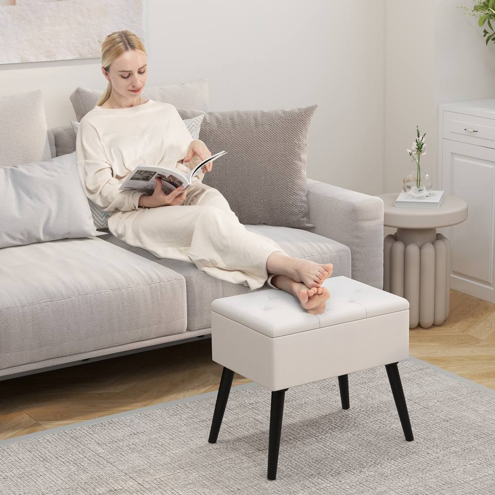 Costway Velvet Storage Ottoman Flip Top Stool w/ Solid Wood Legs in Beige