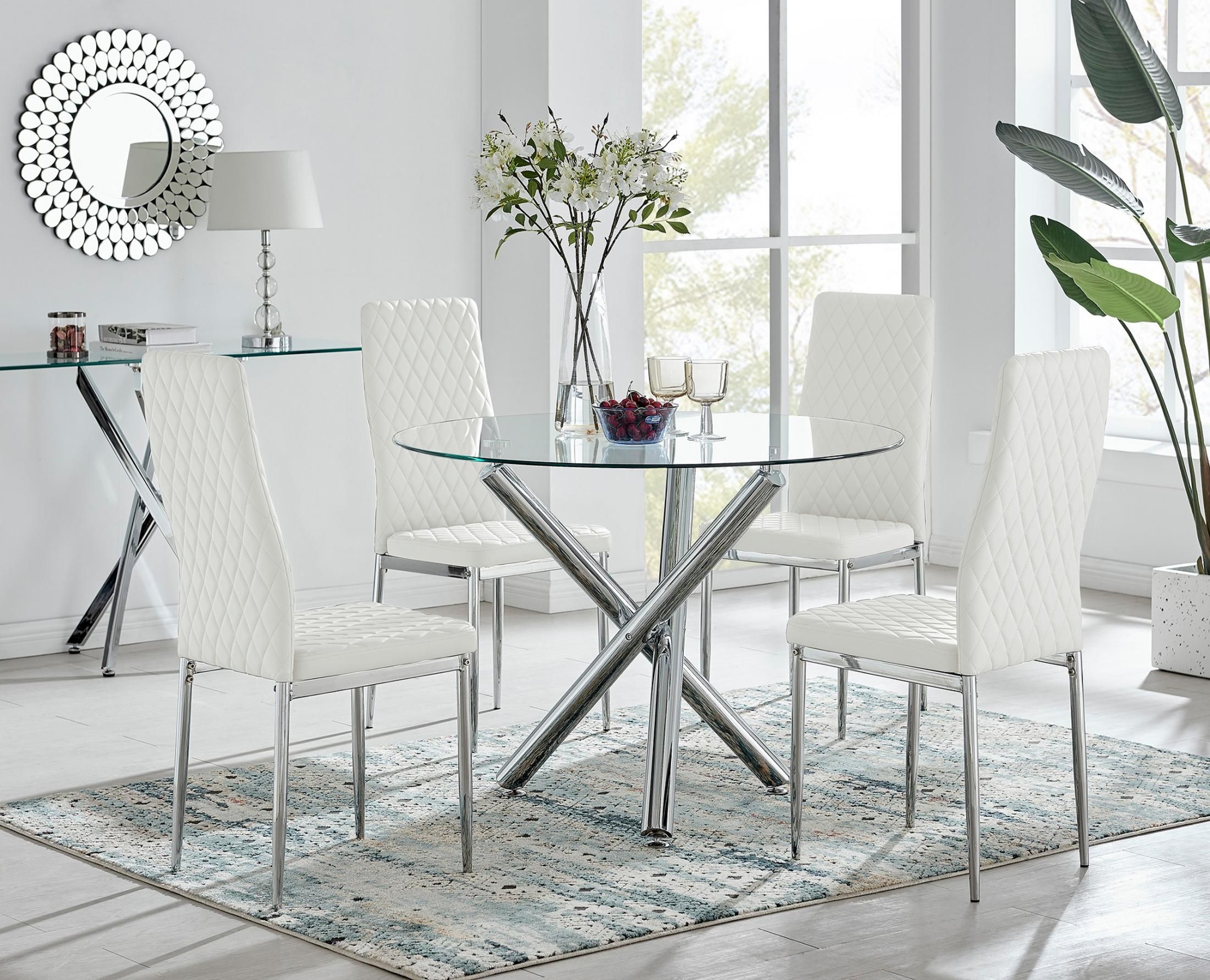 FurnitureboxUK Selina Chrome Round Glass Dining Table & 4 Milan Dining Chairs in Off-White