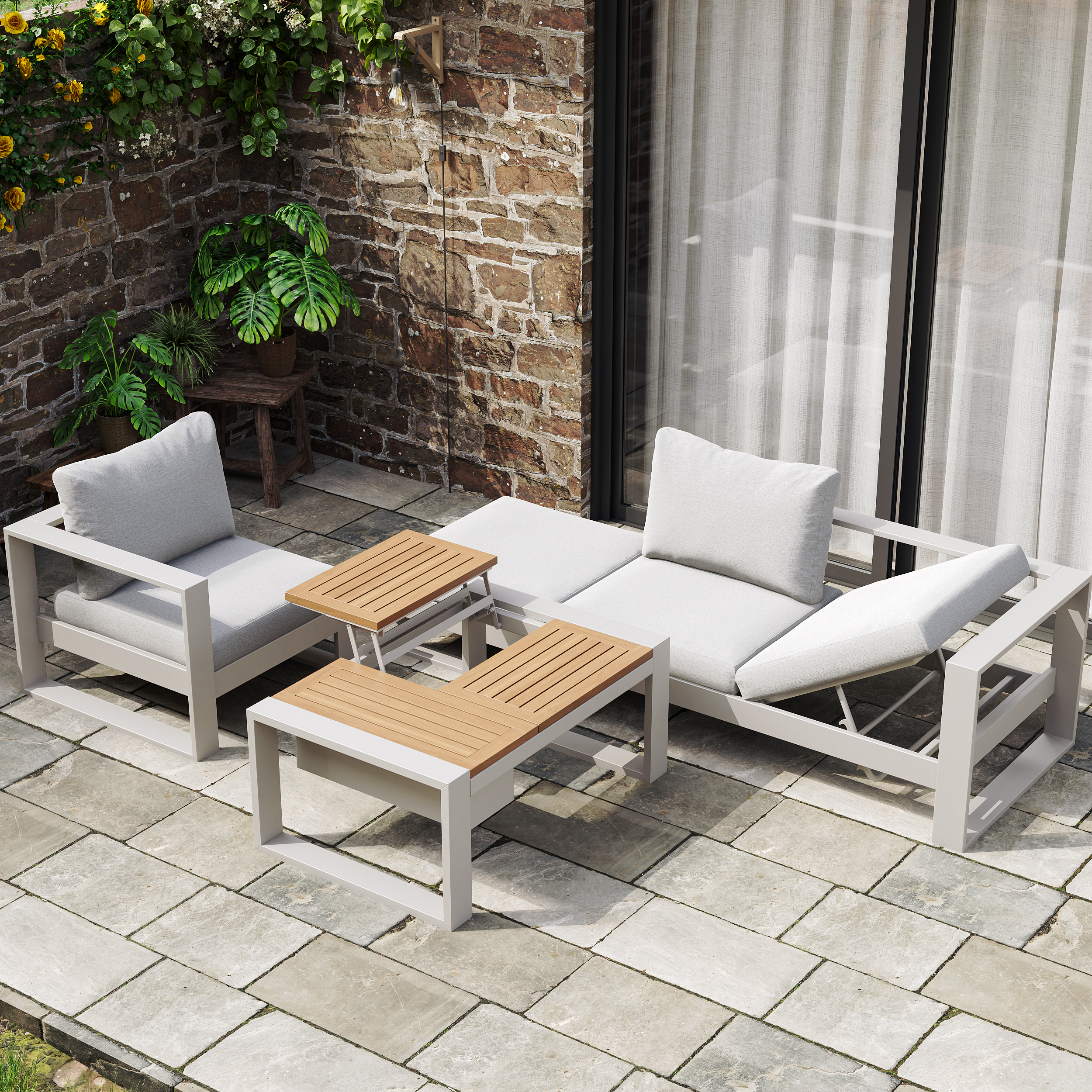 4-Pieces Modular Outdoor Sofa Set Aluminum & Acacia for 4 Person in Light Grey